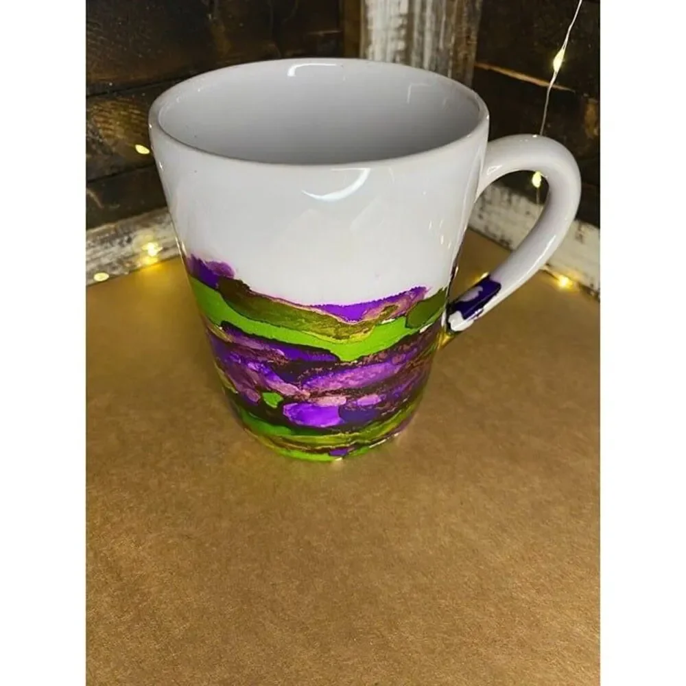 Coffee Tea Cup Mug Handmade Purple Green Gold Abstract Painted 4.5 X 3.5 in